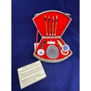 Vintage Chinese Calligraphy Set with Brushes Ink Stone and Case Artist Gift